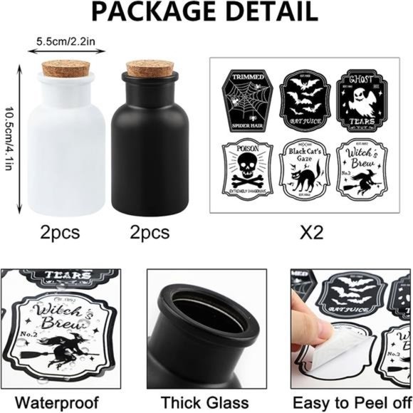 4Pcs Halloween Decor Potion Bottles with Stickers, New in Box - Picture 2 of 7